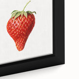 Close-up of a black framed canvas featuring vibrant, textured depictions of various fruits, ideal for living room decor.