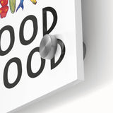 Large abstract wall art on acrylic glass depicting colorful geometric shapes, ideal for dining room decor.