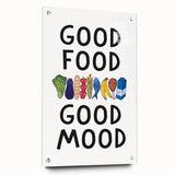 Large abstract wall art on acrylic glass depicting vibrant culinary motifs, ideal for dining room decor.