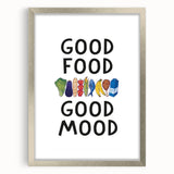 Textured art print featuring abstract culinary motifs in muted earth tones, framed in silver, ideal for kitchen decor.