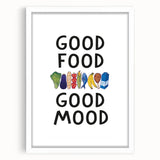 Abstract art print featuring multicolored geometric shapes, framed in white, ideal for dining room decor.