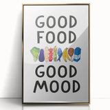 Large art print featuring mid-century modernist food inspirational quotes on acrylic, framed in gold.