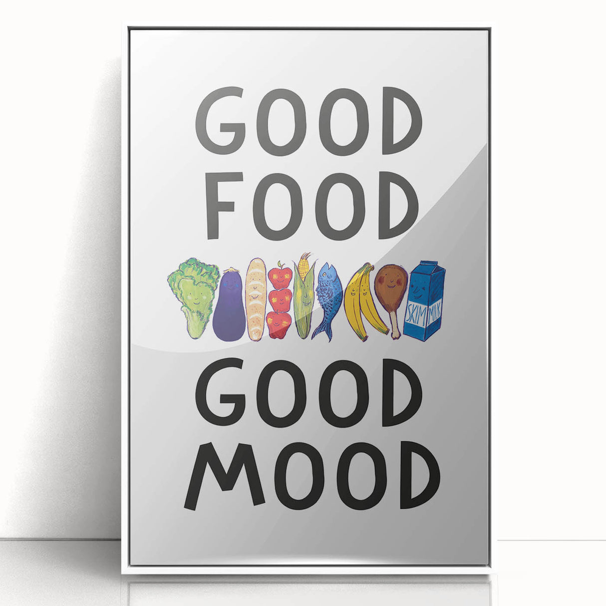 Art deco poster featuring minimalist food illustrations in black on a white acrylic framed background.