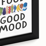 Framed canvas featuring a close-up of colorful, textured food motifs on a black background, ideal for living room decor.