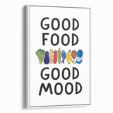 Vintage poster art featuring colorful culinary motifs on a large framed canvas, ideal for living room decor.