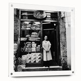 Large abstract wall art on acrylic glass depicting colorful figures dining, suitable for bedroom or dining room decor.