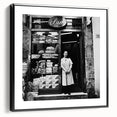 Black and white framed canvas featuring a vintage poster art of people dining, ideal for bedroom wall decor.