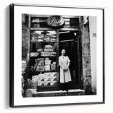 Black and white framed canvas featuring a vintage poster art of people dining, ideal for bedroom wall decor.