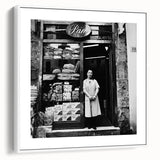 Vintage poster art of colorful food and people on a framed canvas, ideal for extra large wall art in a living room.