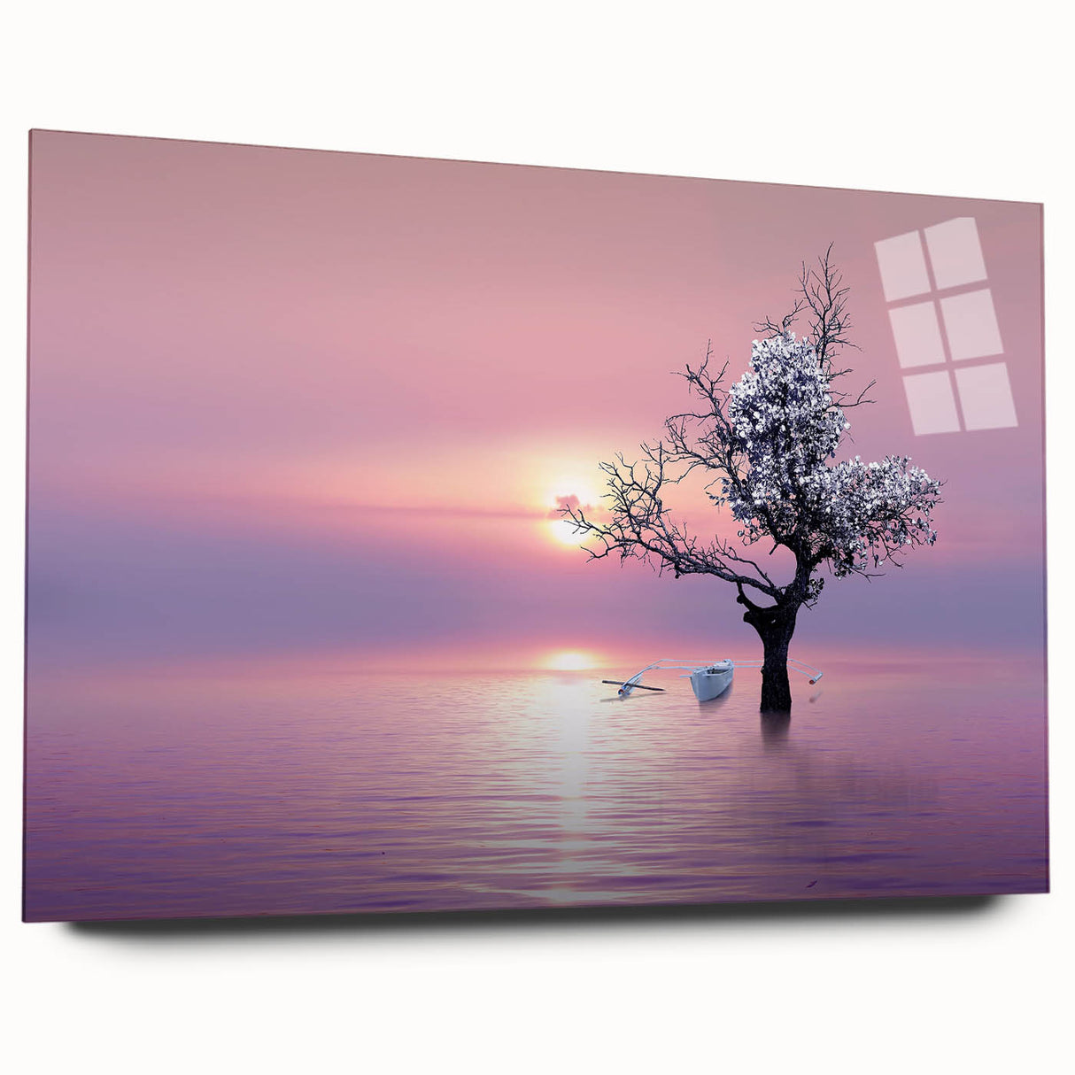 Acrylic landscape art print showcasing a vibrant, colorful design from a side view, highlighting smooth edges and clear glass finish, ideal for modern decor.