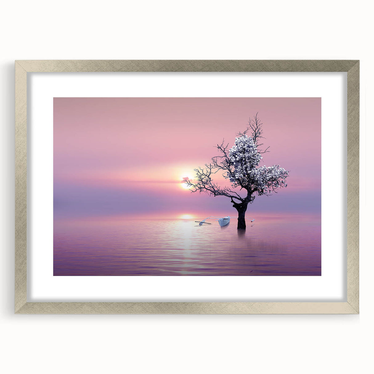 Silver landscape frame featuring a mat, showcasing an elegant front view that highlights its sleek design and modern aesthetic, ideal for home decor.