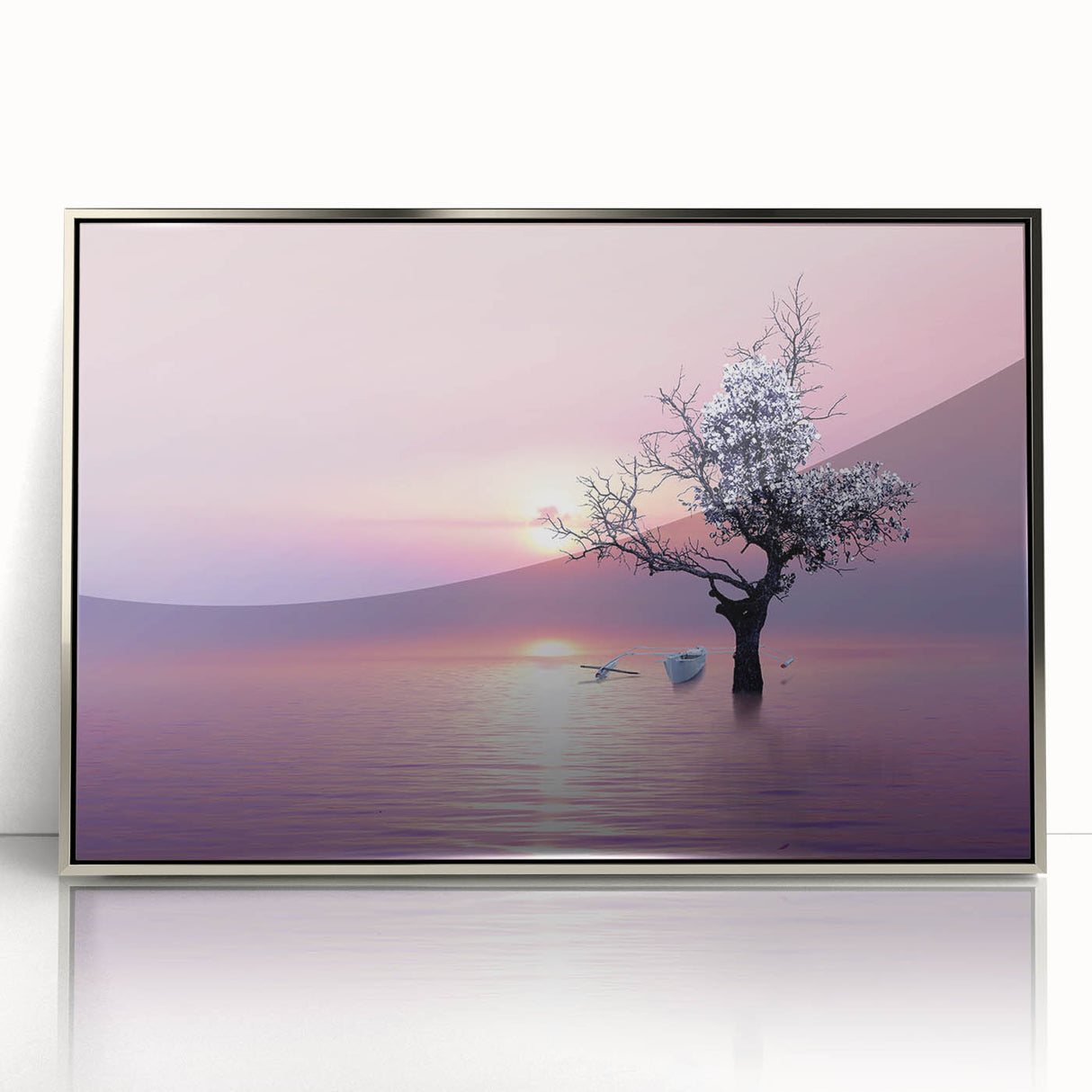 Framed acrylic artwork featuring a silver landscape design, elegantly displayed from a front view, perfect for modern home decor. Ideal for enhancing living spaces.