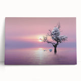 Stretched canvas artwork depicting a vibrant abstract landscape with bold colors, leaning against a stylish wall, perfect for modern home decor.