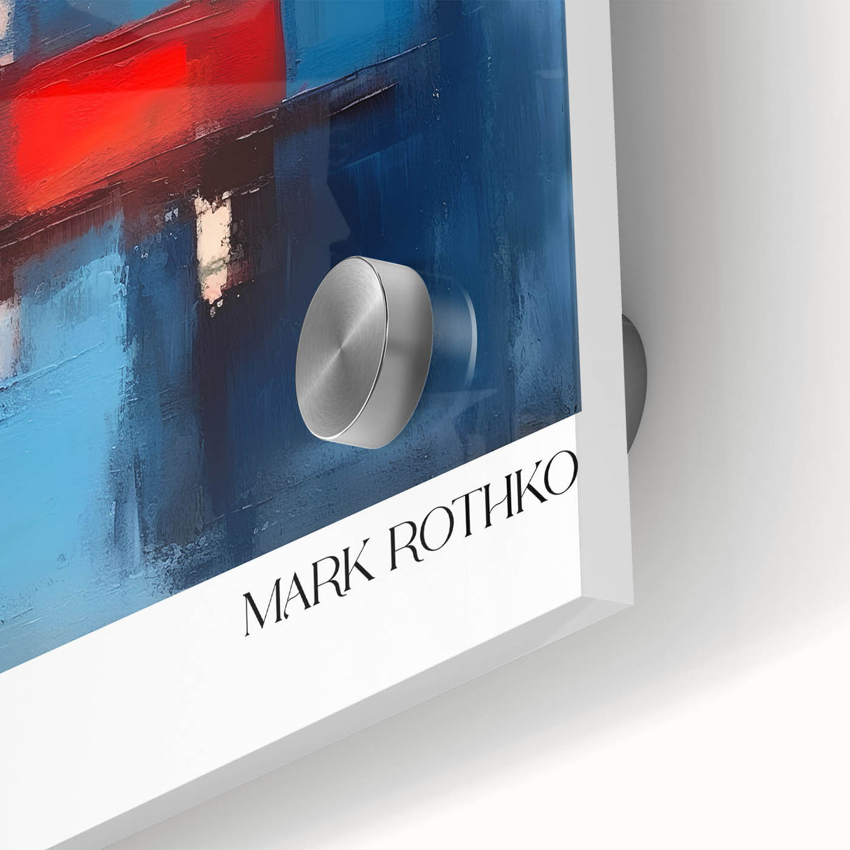 Large abstract wall art in red and orange tones, mid-century modernist style on acrylic glass.