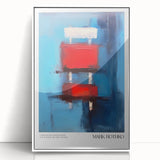 Modern art wall decor featuring a Rothko-inspired acrylic print with broad red and blue blocks, framed in white.