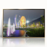 Mid-century modernist art depicting an Algerian landscape in gold and green tones on a framed acrylic panel.