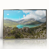 Art deco poster of Ethiopian scenery in muted earth tones, acrylic print in a silver frame.