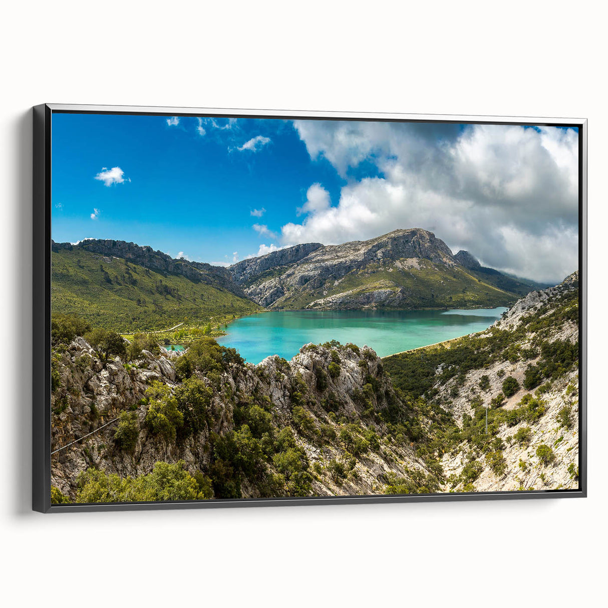 Black and white framed canvas depicting an Ethiopian landscape, ideal for bedroom wall art.