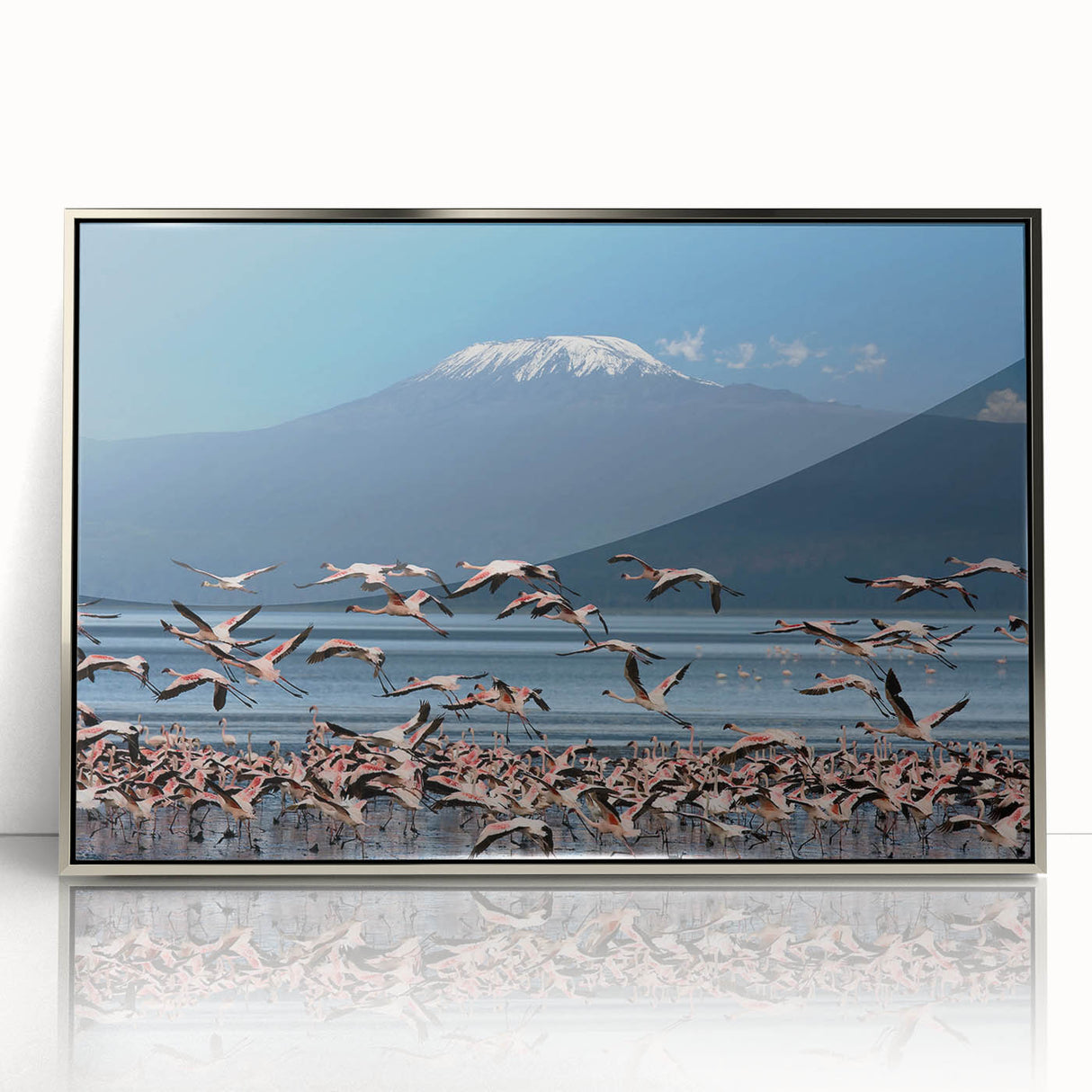 Acrylic print of a serene Kenyan landscape in muted earth tones, framed in silver, suitable for modern art wall decor.