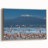 Framed canvas landscape art painting depicting a serene Kenyan savannah scene in muted earth tones.