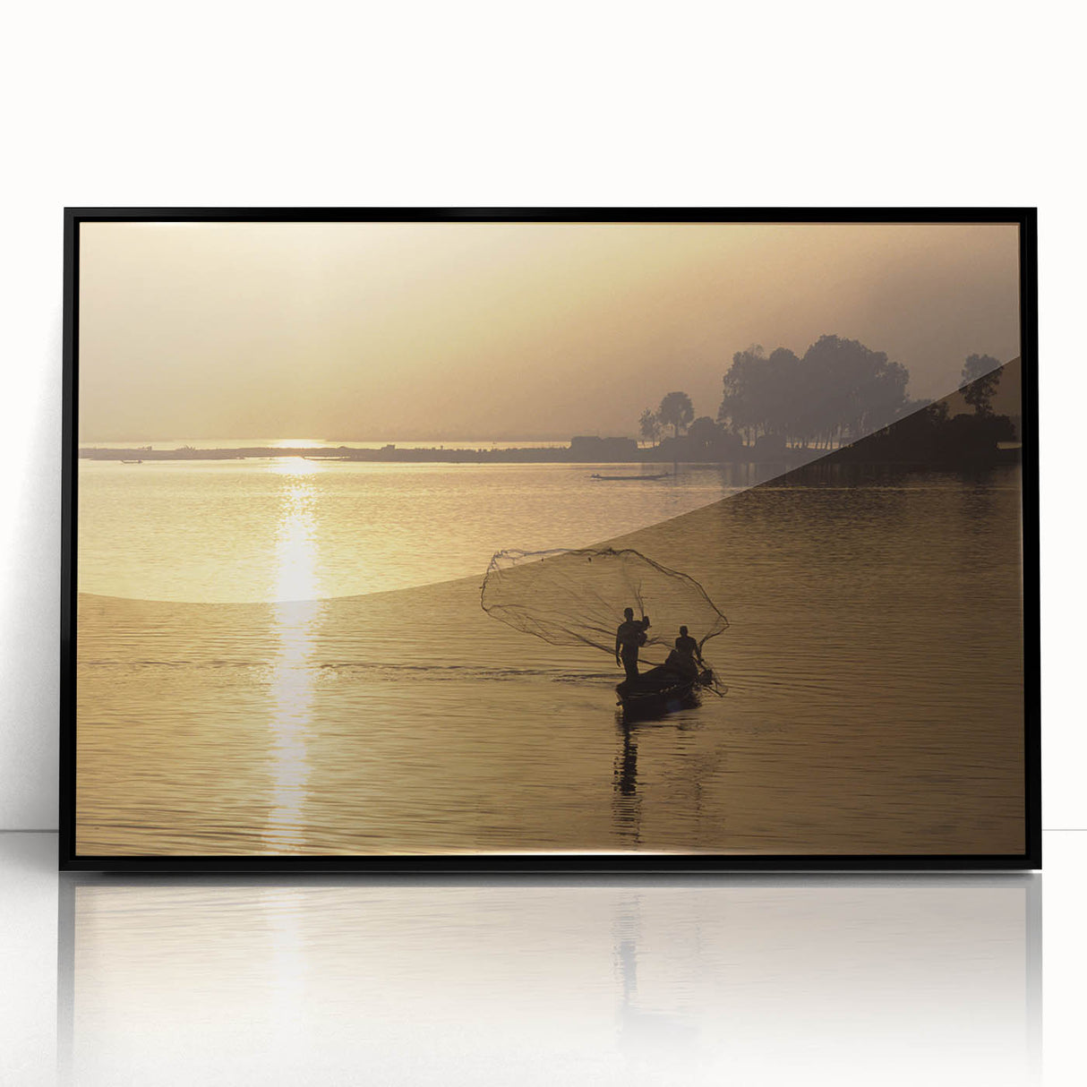 Large abstract wall art depicting a stylized African landscape in muted earth tones, framed in black acrylic.