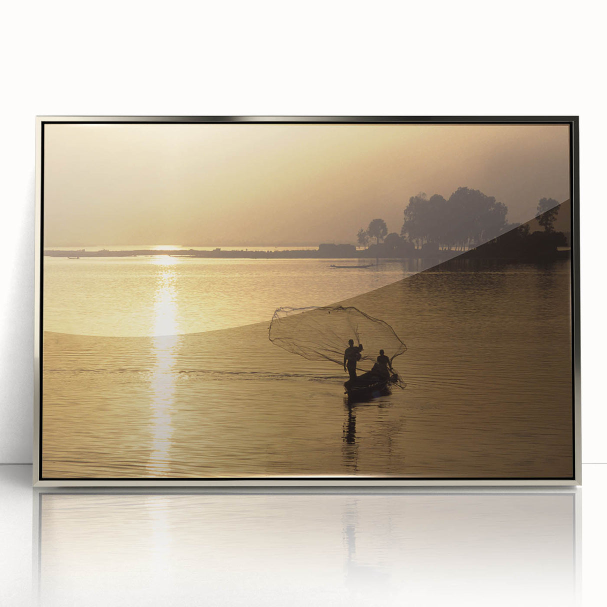 Acrylic print of a Mali landscape in muted earth tones, framed in silver, suitable for modern art wall decor.