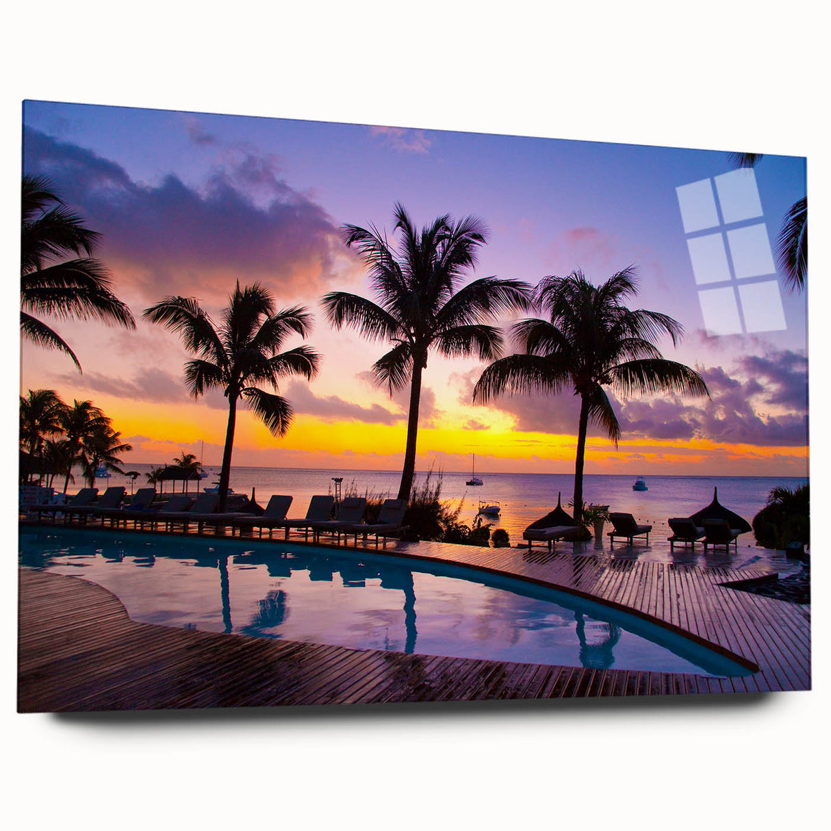 Large abstract wall art of a Mauritian landscape in vibrant blues and greens on acrylic glass.