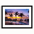 Extra large abstract art print of colorful, textured scenery depicting Mauritius, in a black frame.