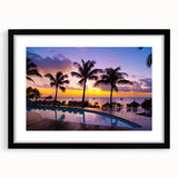 Extra large abstract art print of colorful, textured scenery depicting Mauritius, in a black frame.