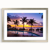Abstract art print featuring a colorful Mauritian landscape on a framed silver mat, suitable for dining or bedroom decor.
