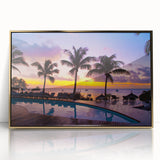 Mid-century modernist art depicting a serene African scenery in soft earth tones on a framed acrylic.