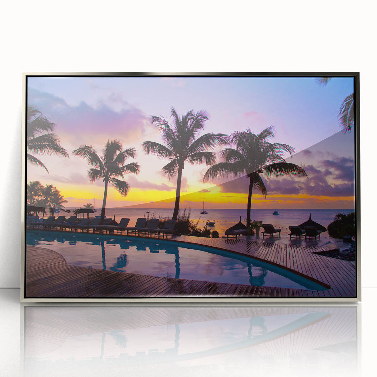 Acrylic print of a Mauritian landscape in silver frame, featuring calm blue and green tones, ideal for modern art wall decor.