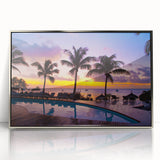 Acrylic print of a Mauritian landscape in silver frame, featuring calm blue and green tones, ideal for modern art wall decor.