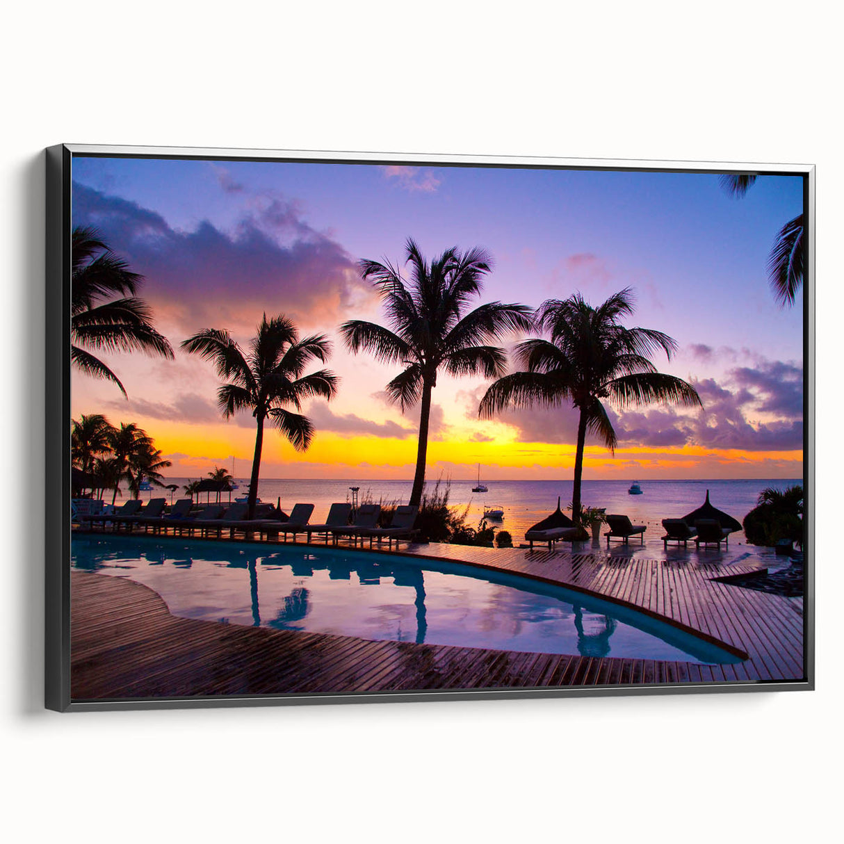 Black and white framed canvas of a vintage-style Mauritius landscape, ideal for bedroom wall decor.