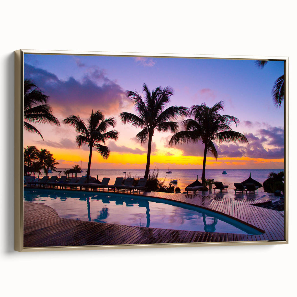 Framed canvas featuring a vintage-style landscape painting of the Mauritius coastline in a palette of gold and black.