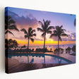 Large art print of a serene Mauritius landscape on stretched canvas, featuring soft blue and green tones.