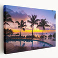 Large art print of a serene Mauritius landscape on stretched canvas, featuring soft blue and green tones.