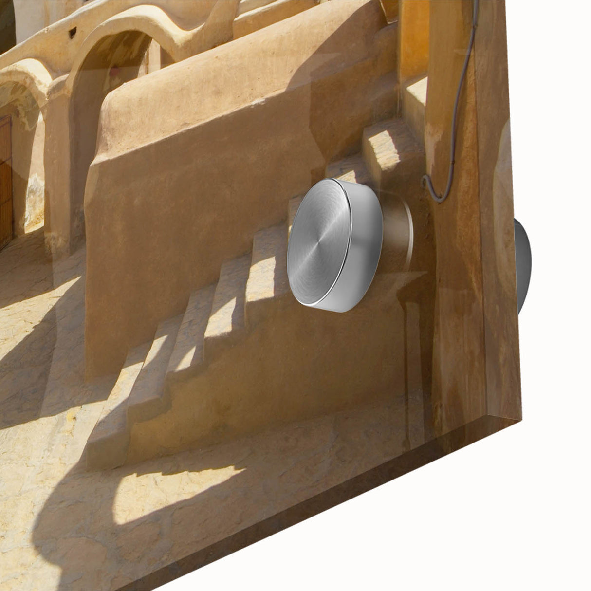 Large abstract wall art of a Moroccan landscape in earth tones on acrylic glass, suitable for dining room decor.