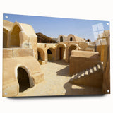 Acrylic print of a Moroccan landscape in earthy tones, ideal for dining room decor.