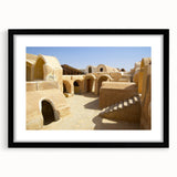 Extra large abstract art print of a colorful Moroccan landscape in a black frame, ideal for living room decor.