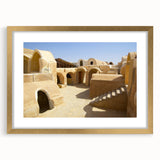 Textured abstract art print of a Moroccan landscape in earth tones on a framed canvas, suitable for bedroom decor.