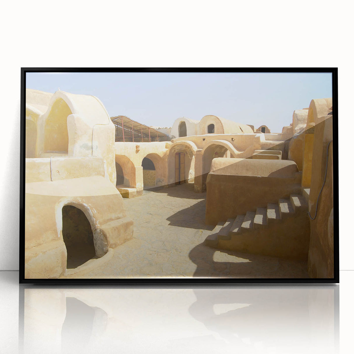 Large abstract wall art featuring a Moroccan landscape in earth tones on framed acrylic, ideal for modern living room decor.
