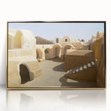 Mid-century modernist art depicting a Moroccan landscape in gold and earth tones on a framed acrylic panel.