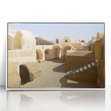 Large art print of a Moroccan scenery on white framed acrylic, featuring mid-century modernist style with earth tones.