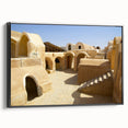Black and white landscape art painting of Moroccan scenery on framed canvas, ideal for bedroom wall decor.
