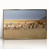 Framed acrylic print of an African savannah scene in muted earth tones, ideal for modern art wall decor.
