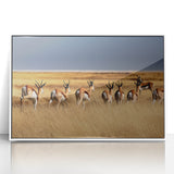Acrylic print of Namibia scenery in muted earth tones, framed in white, suitable for modern art wall decor.