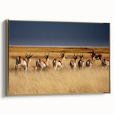 Framed canvas of Namibian landscape with muted earth tones in a vintage poster style, ideal for bedroom wall art.