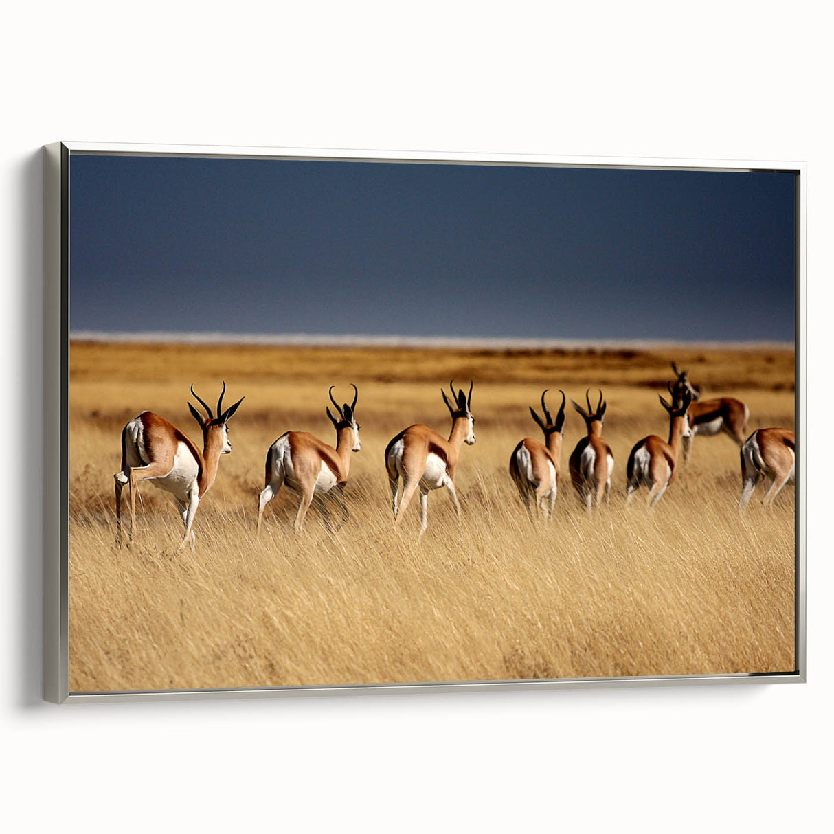 Landscape art painting of an African savannah scene, vibrant colors on framed canvas, suitable for living room decor.