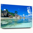Acrylic print of a Seychelles landscape, with vibrant blue and green tones, ideal for dining room decor.